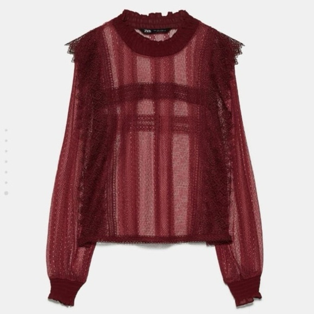 Zara Red Ruffled Sheer Puff Sleeve Blouse
